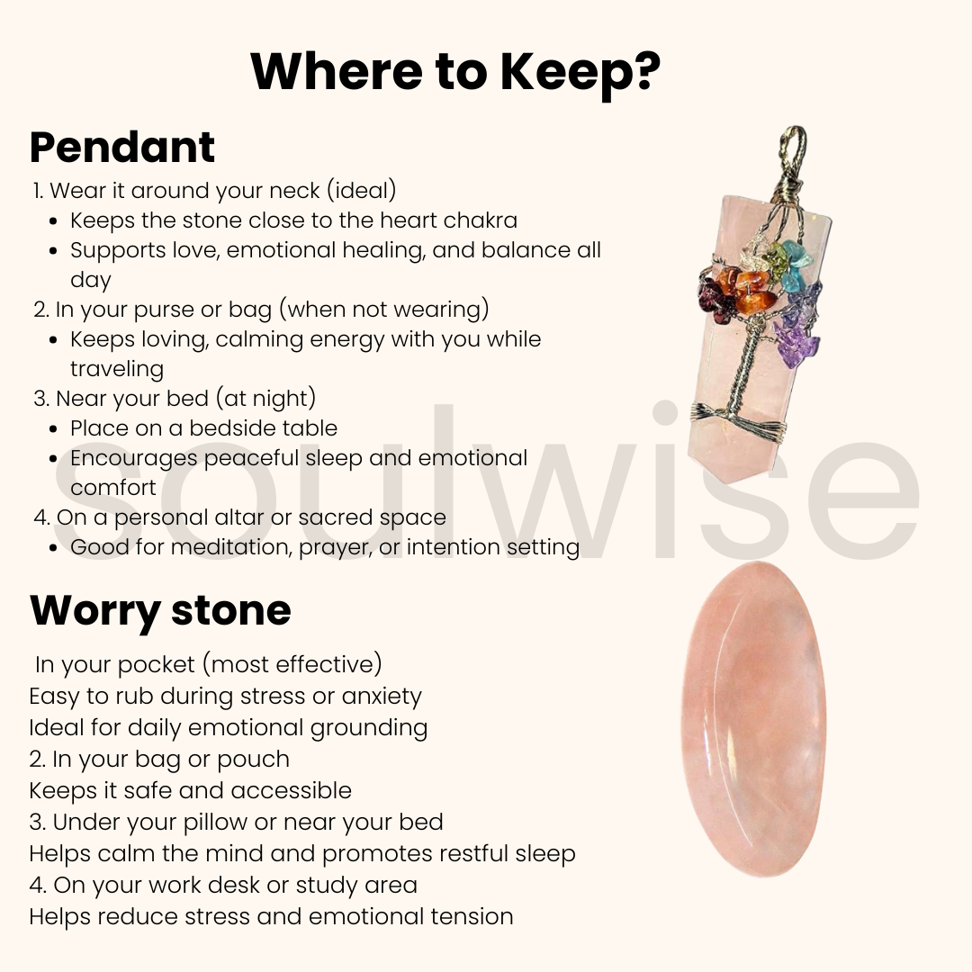 Rose Quartz Tree of Life Pendant & Thumb Stone Set – Valentine’s Day Gift for Love, Positivity & Emotional Healing | Natural Crystal Jewelry for Women