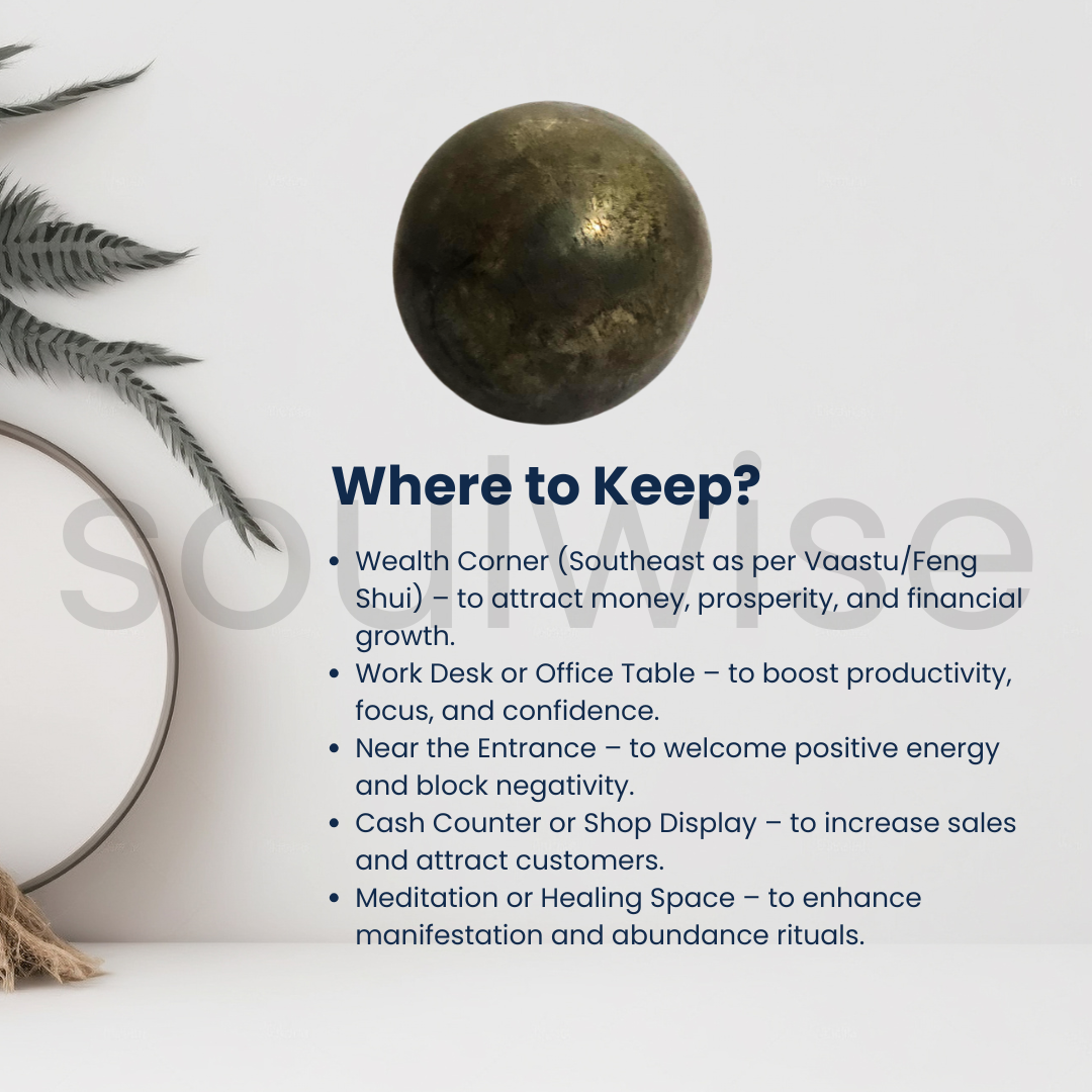 Soulwise Natural Pyrite Crystal Sphere – Golden Energy Stone for Prosperity, Positive Vibes & Home Decor.