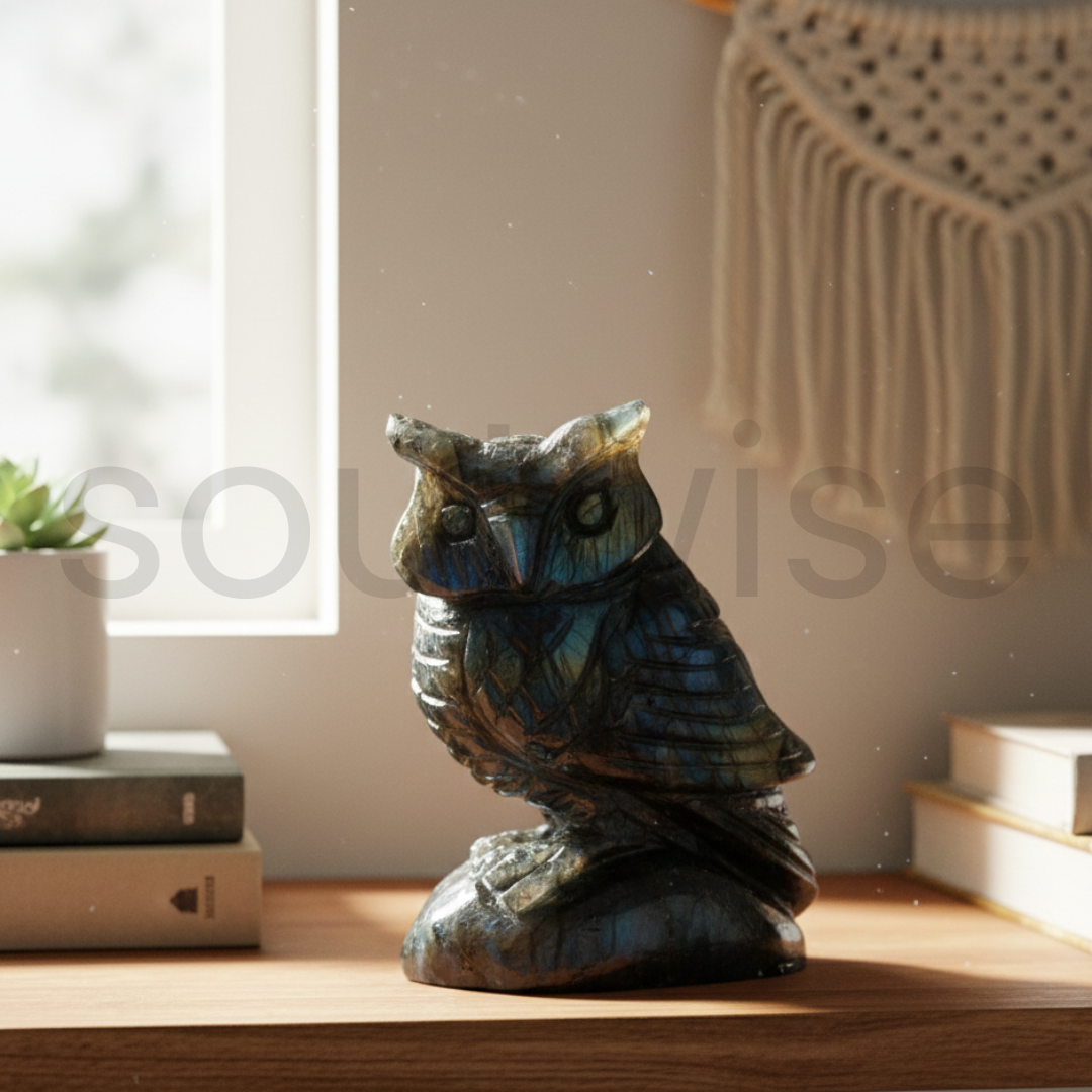 Labradorite Owl, Hand-Carved Crystal Figurine, Spiritual Decor, Meditation & Healing Stone.