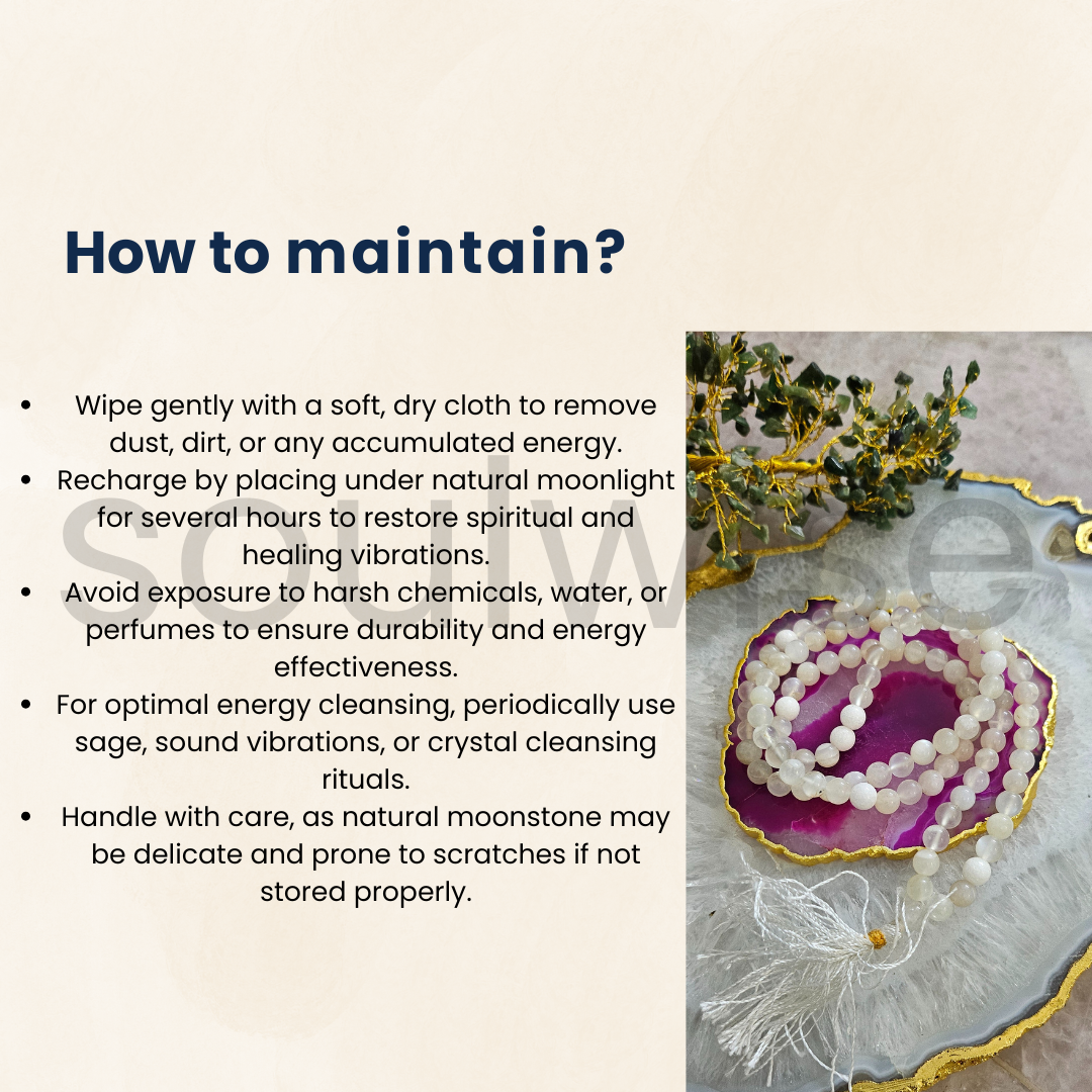 Soulwise Moonstone 108 Beads Jaap Mala – Natural Crystal Necklace for Intuition, Emotional Balance, Meditation, Chakra Healing & Spiritual Growth