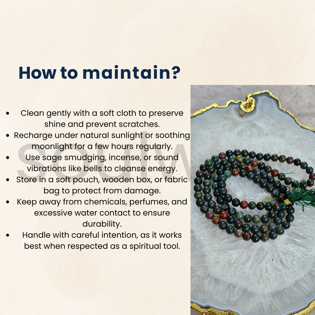 Soulwise Natural Bloodstone 108 Beads Jaap Mala- Handmade Gemstone Beads for Men & Women, Spiritual Gift & Mindfulness Accessory