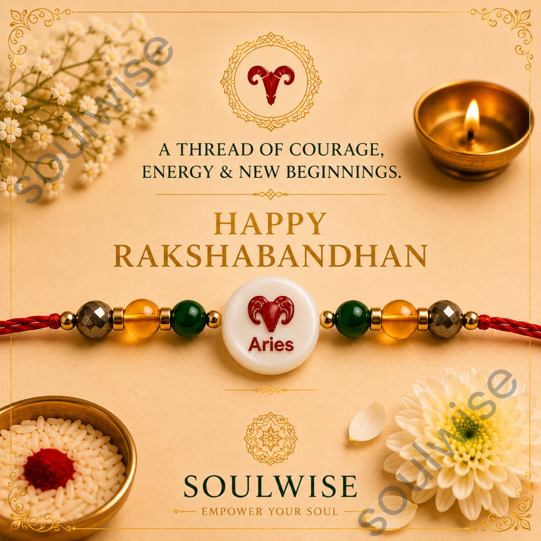 Money Magnet Aries Rakhi – Green Jade, Citrine, Pyrite & Mother of Pearl Zodiac Rakhi for Prosperity, Courage & Positive Energy