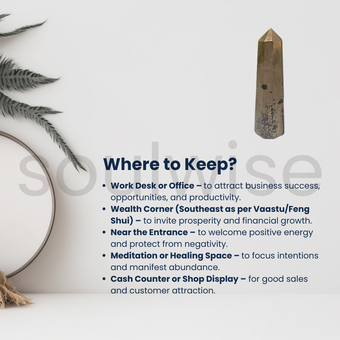 Soulwise Imported Natural Pyrite Crystal Tower Point – Golden Energy Stone for Focus, Motivation & Home Decor.