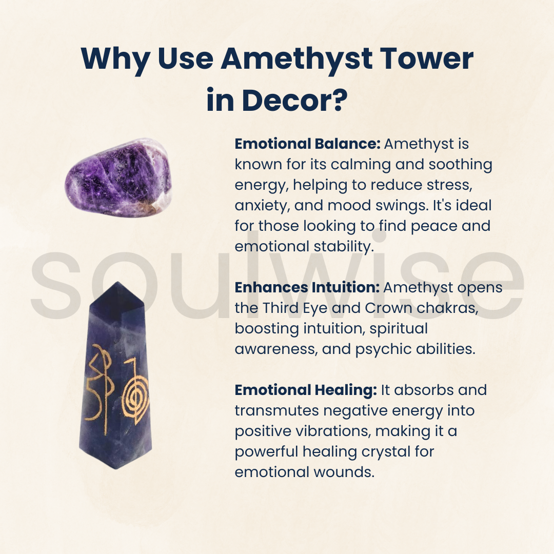 Amethyst Crystal Wand Tower with 4 Reiki Healing Symbols Engraved – Spiritual Energy Tool