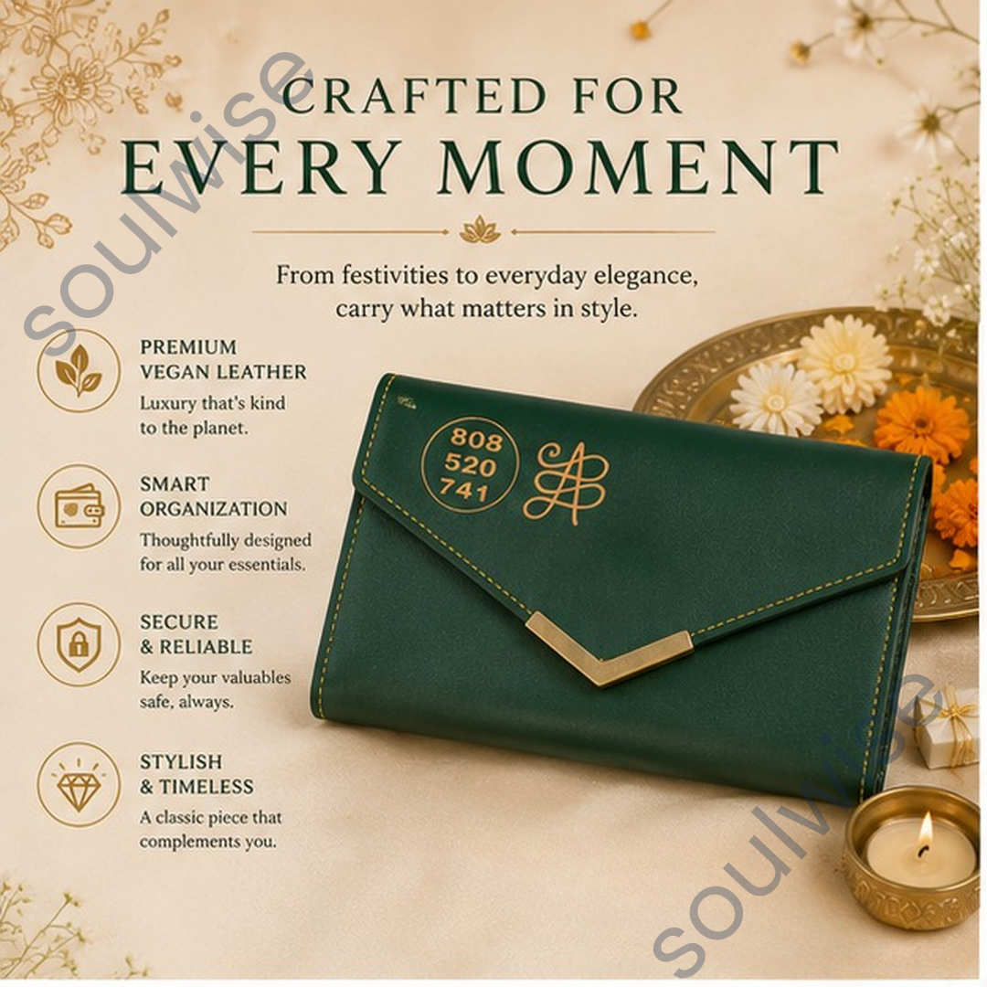 Women’s Clutch with Zibu Prosperity Symbol – Premium Vegan Leather Wallet for Abundance, Success & Elegant Everyday Carry
