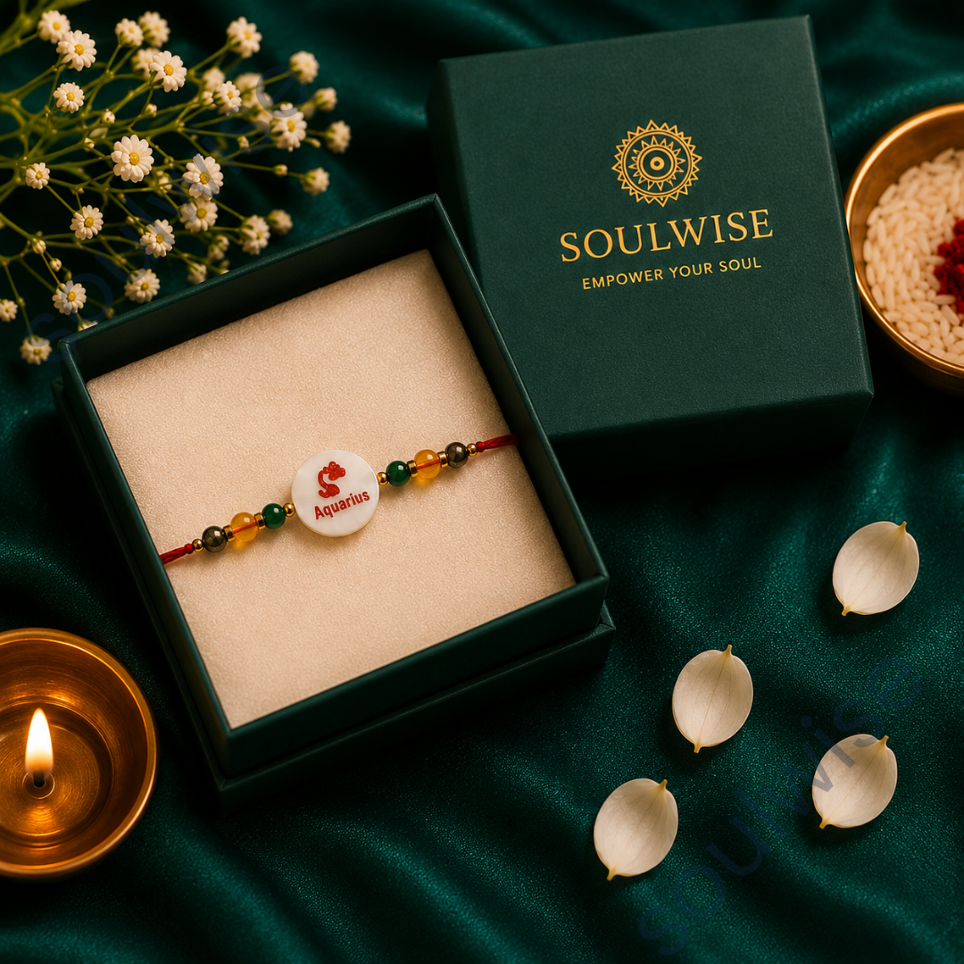 Money Magnet Aquarius Rakhi – Green Jade, Citrine, Pyrite & Mother of Pearl Zodiac Rakhi for Prosperity, Wisdom & Positive Energy