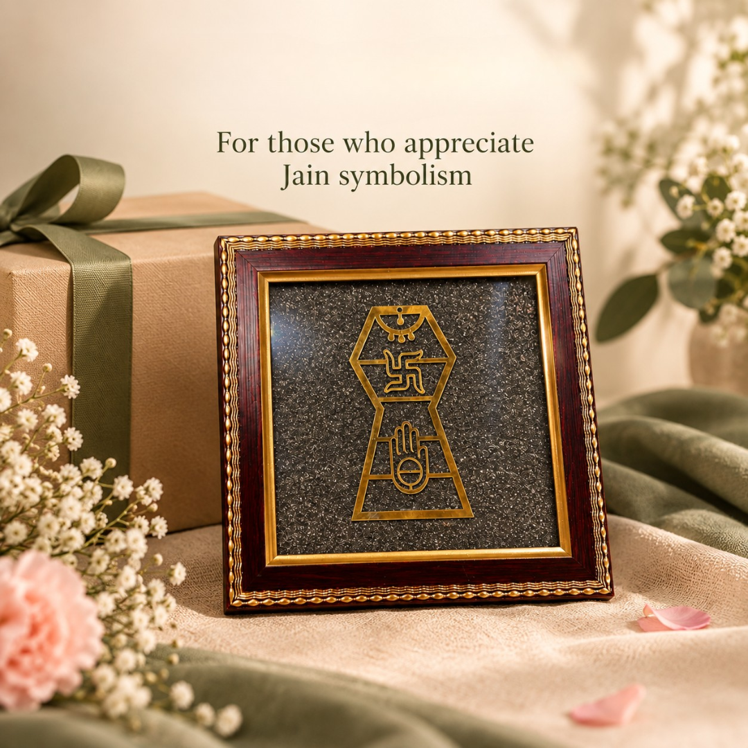 Jainism Symbol Pyrite Frame 18 × 18 – Jain Spiritual Décor for Home, Office & Devotional Gifting
