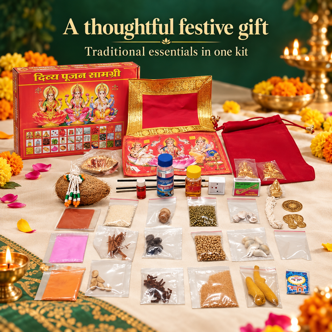 Divya Pujan Saamgri – Traditional Hindu Puja Samagri Kit for Home Worship, Diwali, Dhanteras & Religious Gifting