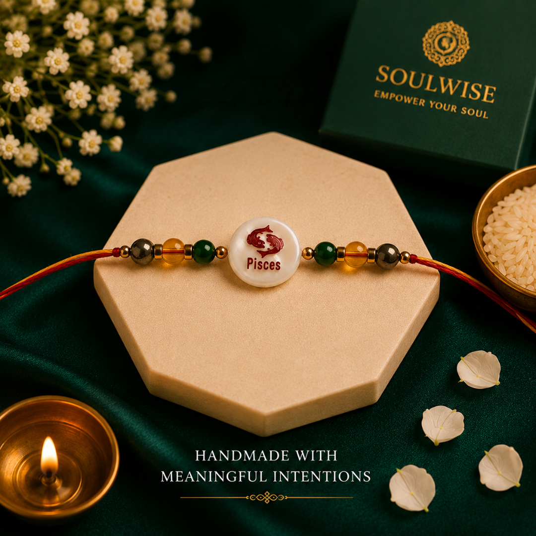 Money Magnet Pisces Rakhi – Green Jade, Citrine, Pyrite & Mother of Pearl Zodiac Rakhi for Prosperity, Intuition & Positive Energy