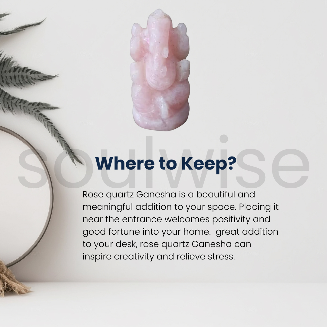 Soulwise Rose Quartz Ganesha Idol – 7 cm | Hand-Carved Ganesh in Natural Rose Quartz for Love, Healing & Peace
