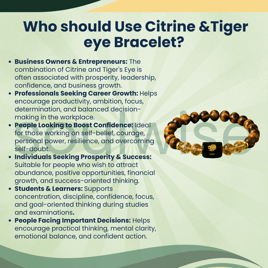 Leo (Simha Rashi) Zodiac Bracelet – Natural Citrine & Tiger Eye Crystal Bracelet for Success, Confidence & Leadership