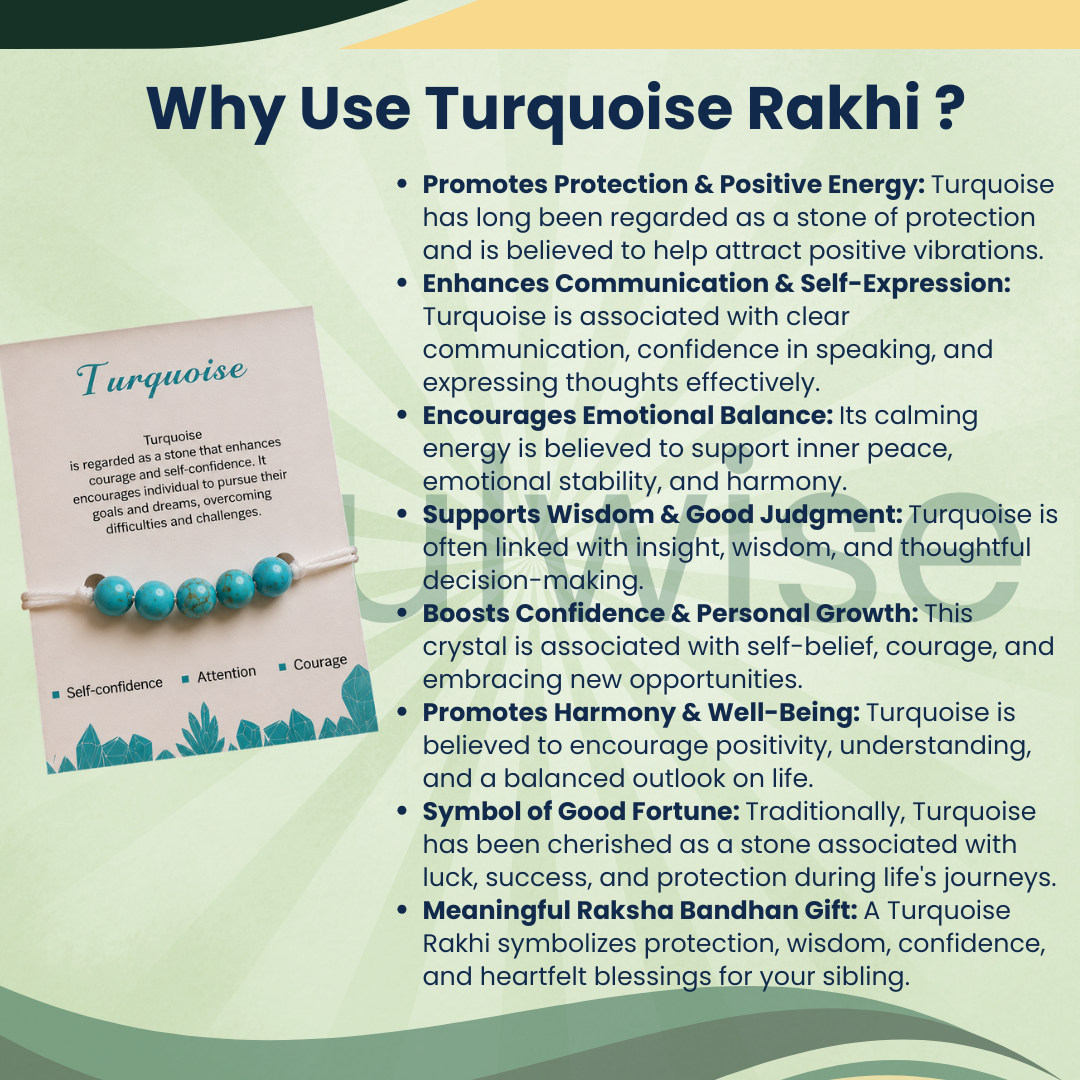 Turquoise 5 Beads Rakhi – Natural Crystal Rakhi for Protection, Communication, Positivity & Good Fortune