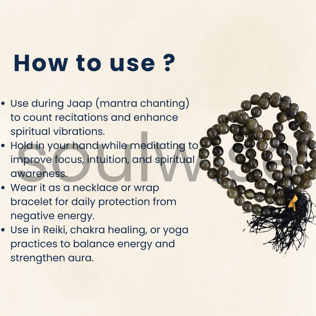 Soulwise Natural Labradorite Jaap Mala 108+1 Beads (8mm) | Spiritual Healing Prayer Beads for Meditation, Mantra Chanting, Reiki & Chakra Balancing