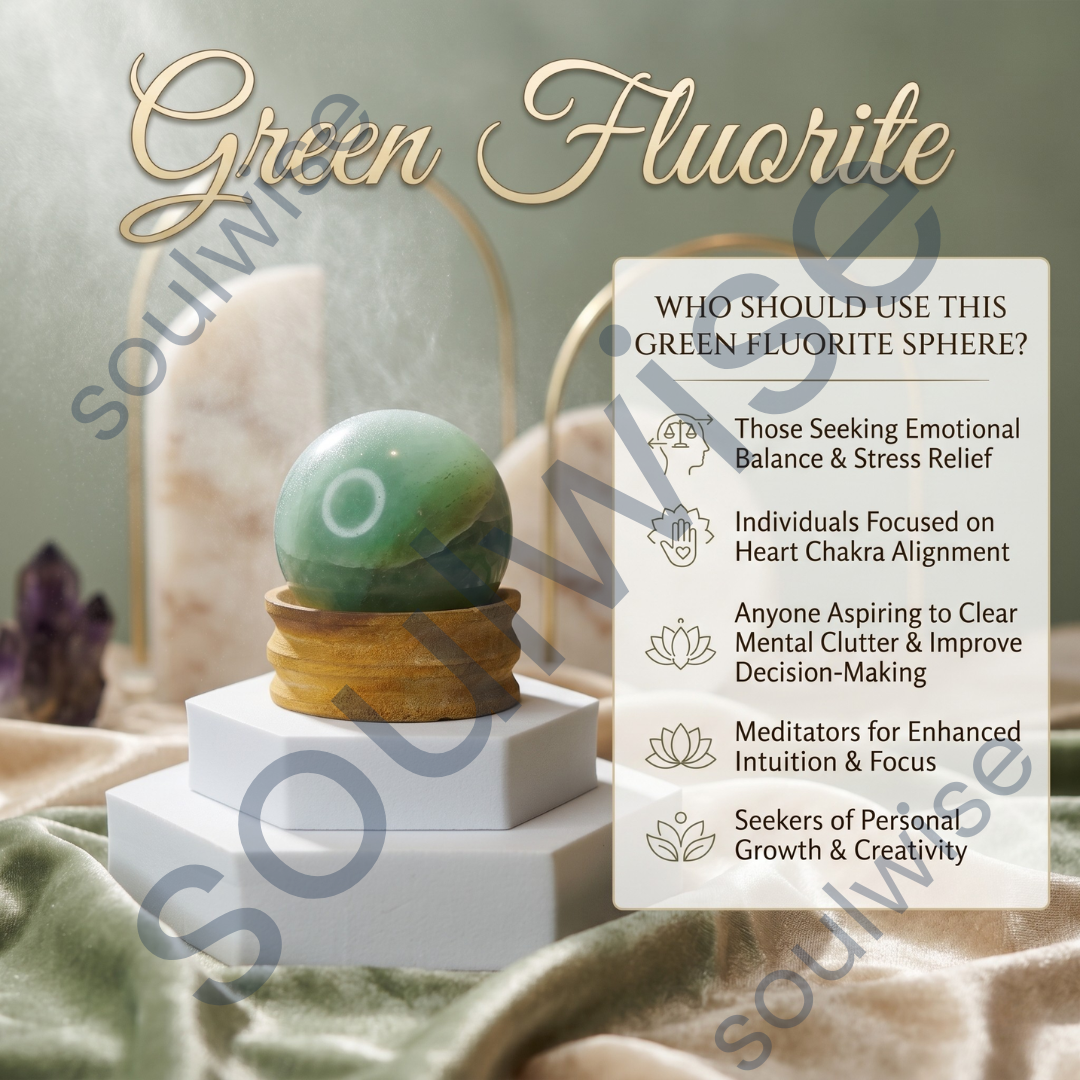 Green Fluorite Crystal Sphere (50–55mm) with Wooden Stand – Natural Healing Stone for Meditation, Chakra Balance, Focus & Home Décor