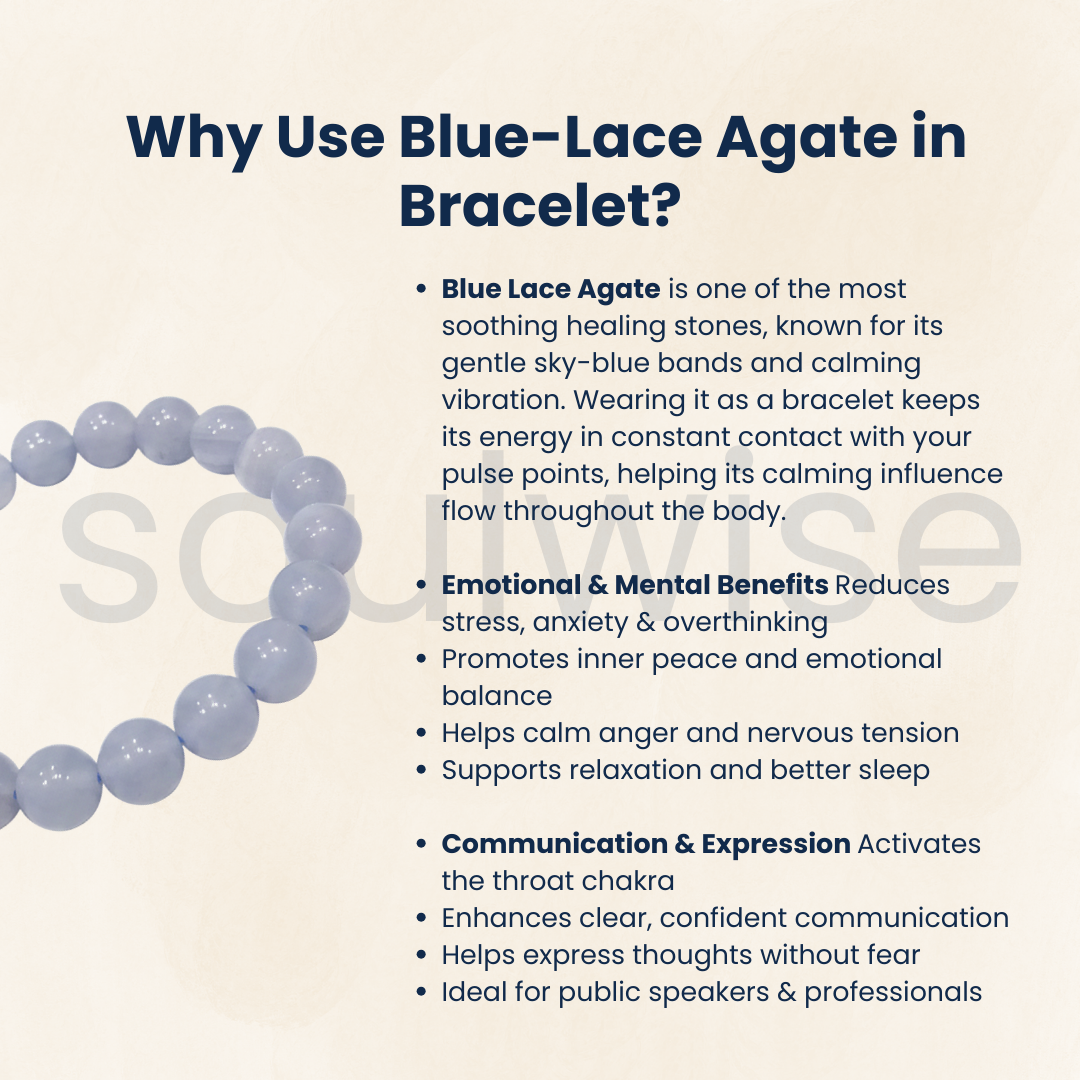 Blue Lace Agate 10mm Bracelet for Women & Men – Natural Calmness Crystal for Stress Relief, Communication & Throat Chakra Healing