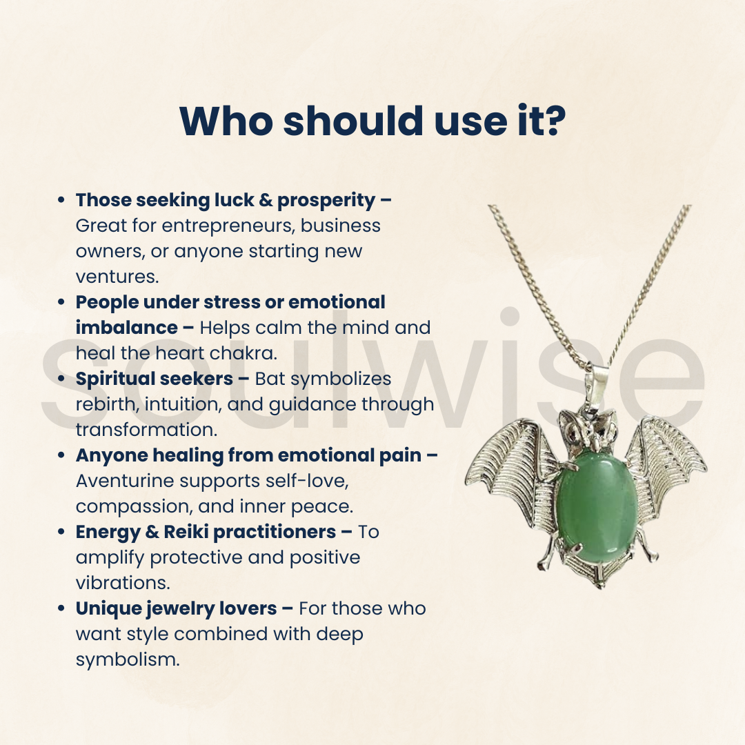 Green Aventurine Bat Symbol Pendant – Natural Crystal Necklace for Luck, Protection & Heart Chakra Energy – Unisex Spiritual Jewelry