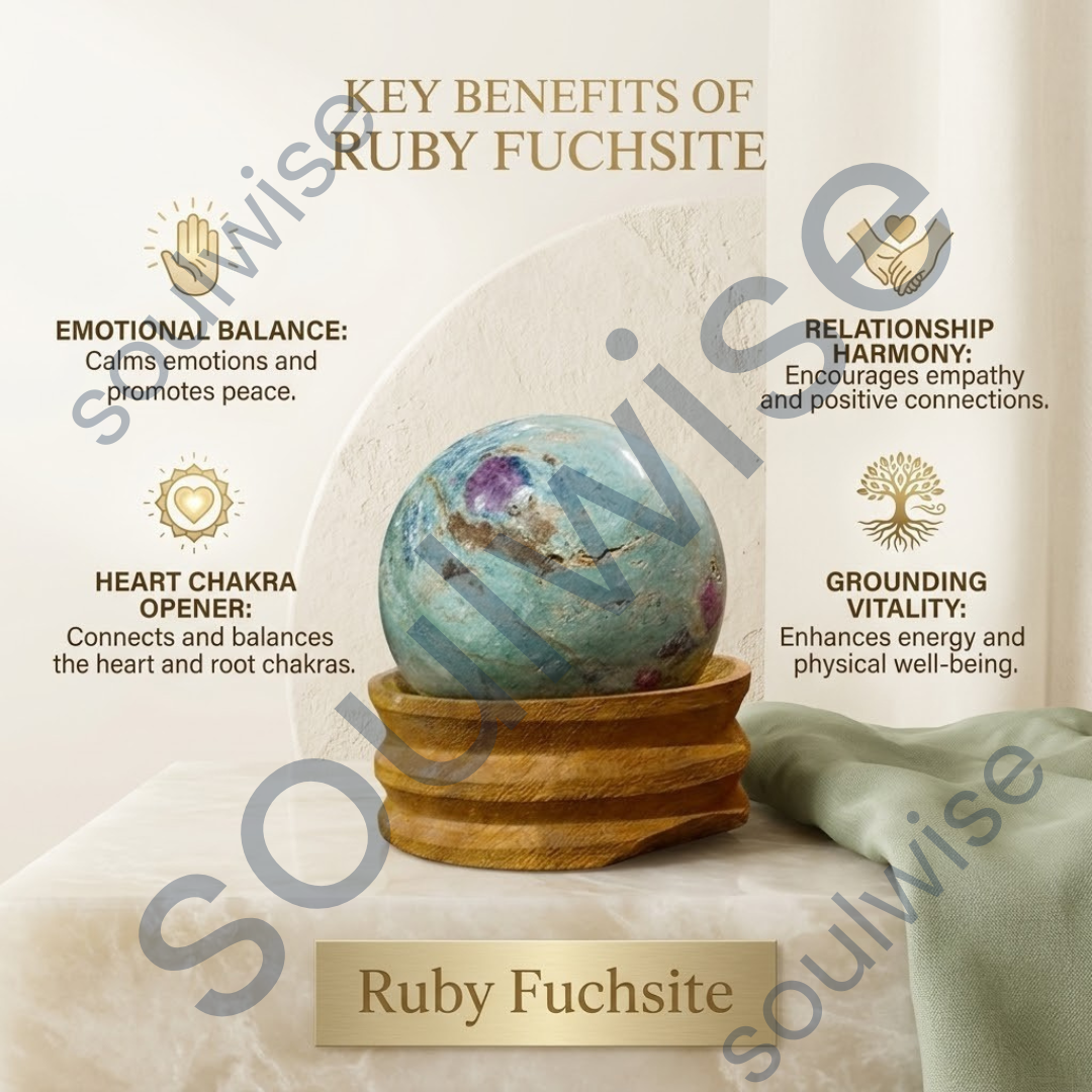 Ruby Fuchsite Crystal Sphere (50–55mm) with Wooden Stand – Natural Healing Crystal Ball for Reiki, Meditation, Chakra Balancing & Home Décor