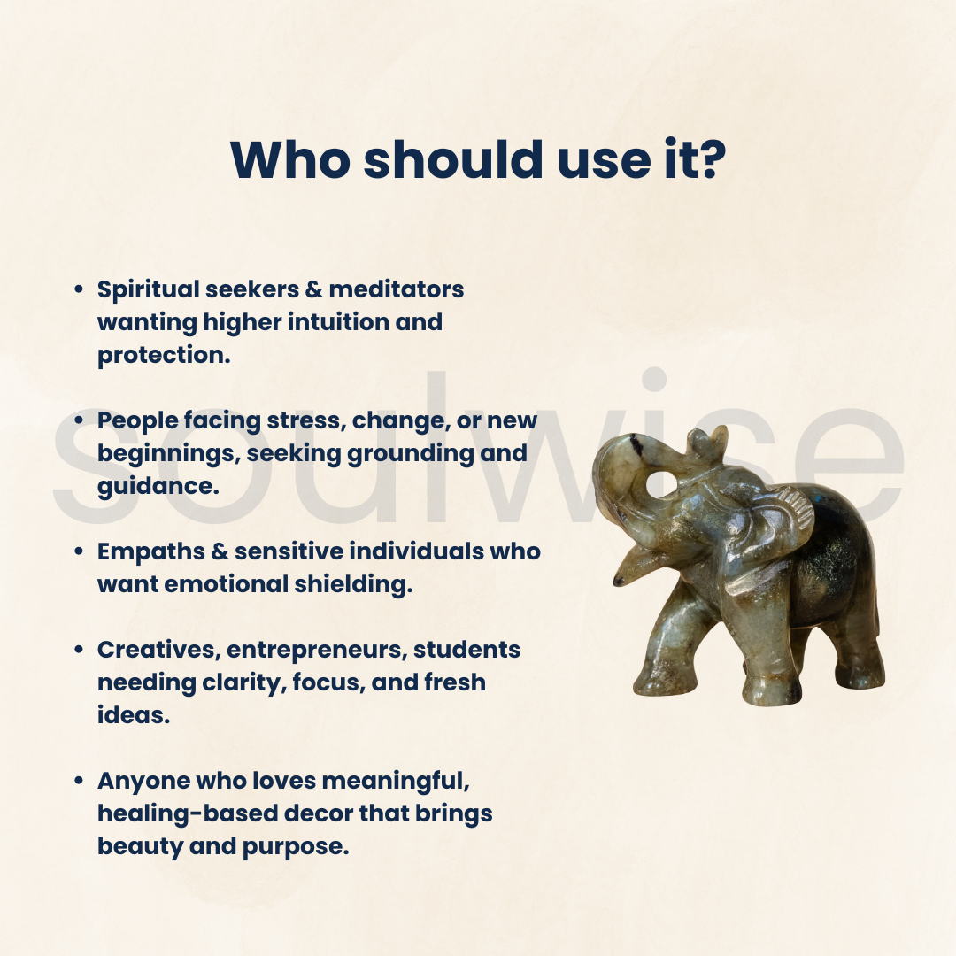 Labradorite Healing Crystal Elephant Decor – Hand-Carved Natural Gemstone Figurine | Good Luck, Protection & Prosperity | Spiritual Home & Office Decor