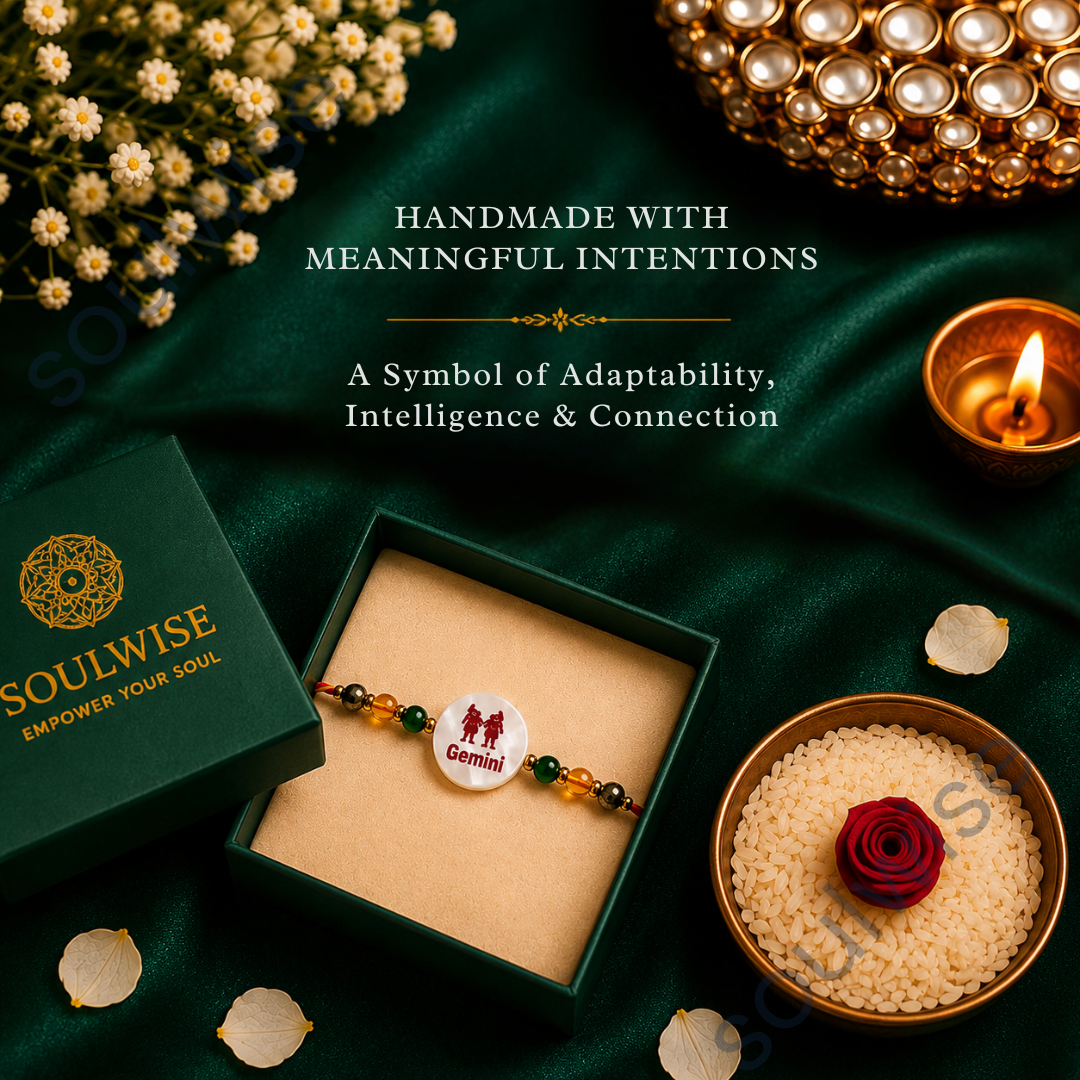 Money Magnet Gemini Rakhi – Green Jade, Citrine, Pyrite & Mother of Pearl Zodiac Rakhi for Prosperity, Communication & Positive Energy