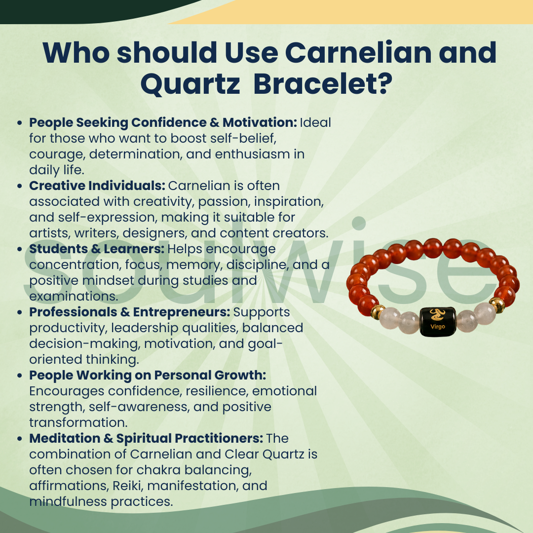 Virgo (Kanya Rashi) Zodiac Bracelet – Natural Carnelian & Clear Quartz Crystal Bracelet for Confidence, Focus & Clarity