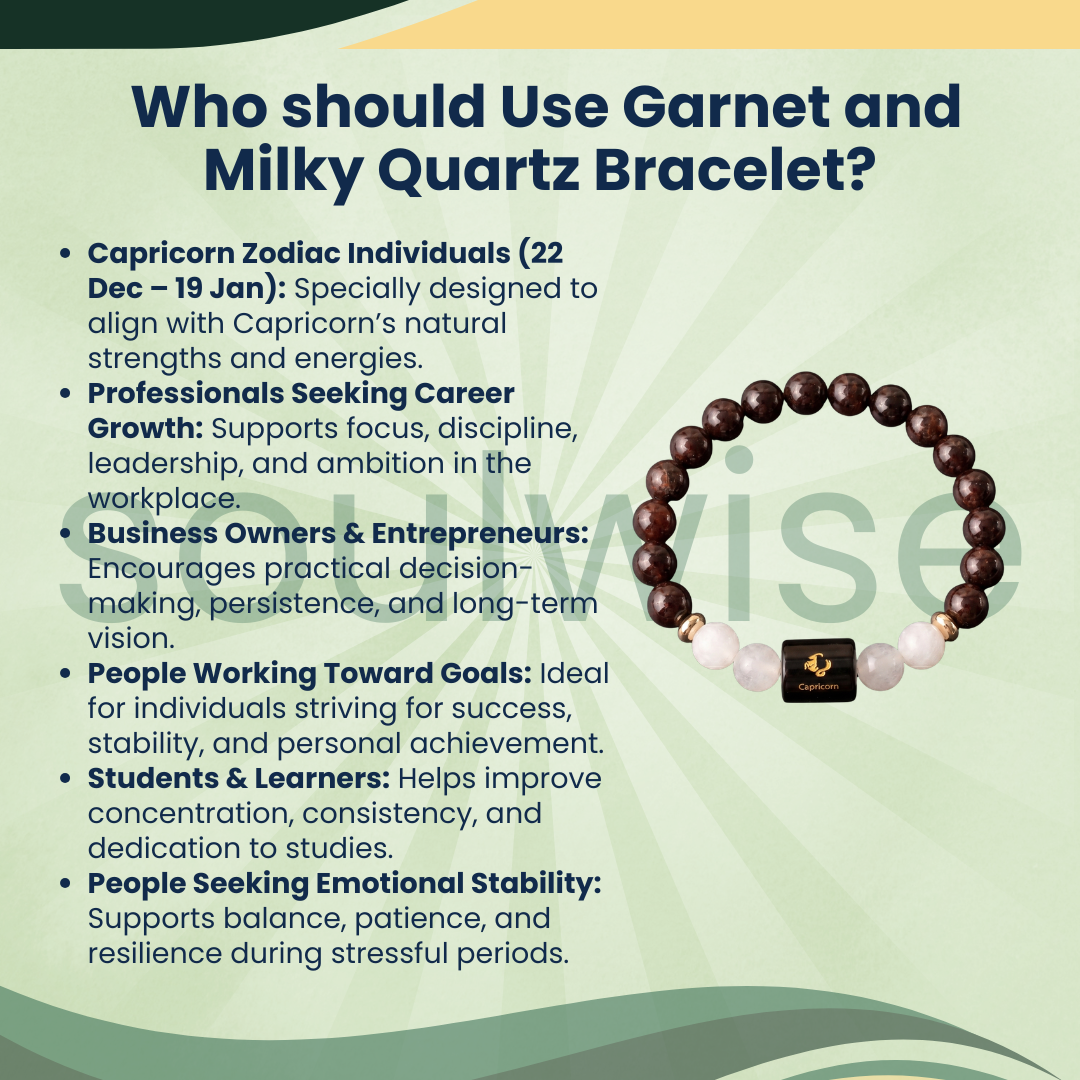 Capricorn (Makar Rashi) Zodiac Bracelet – Natural Garnet & Clear Quartz Crystal Bracelet for Success, Confidence & Clarity