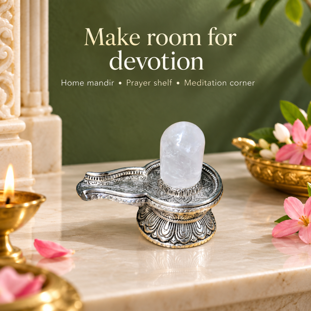 Clear Quartz Shivling 540g with Silver-Plated Base – Crystal Shiva Lingam for Home Mandir, Puja & Gifting
