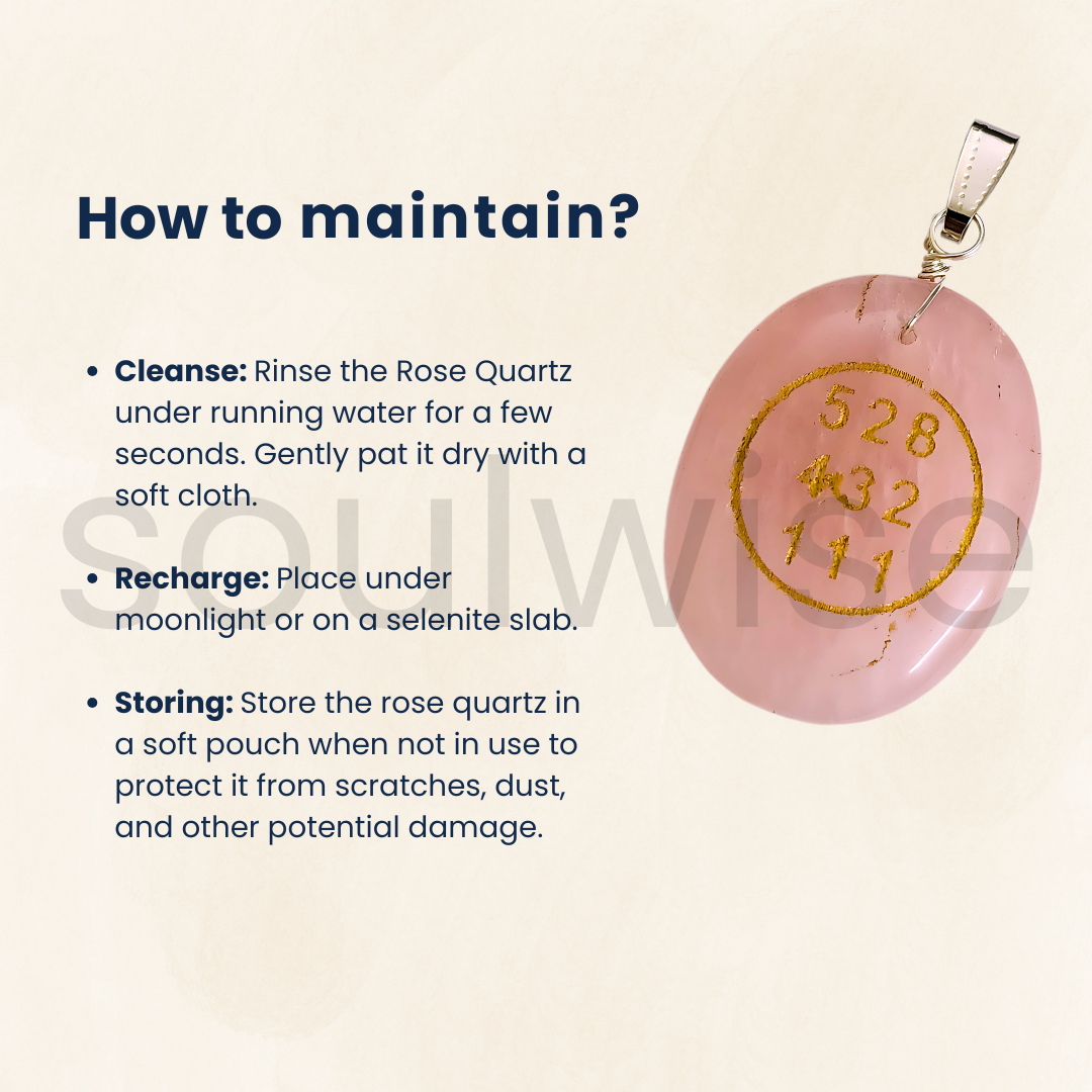 Soulwise Rose Quartz Angelic Symbol Pendant with Numbers 528 432 111, Certified, love symbol.