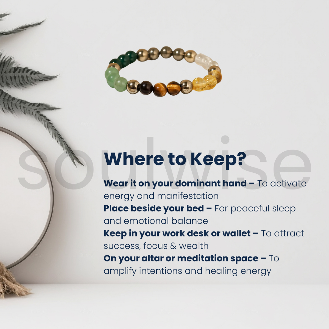 Dhan yog Bracelet, (Tiger eye,Citrine,Pyrite, Clear Quartz and Green Aventurine ).