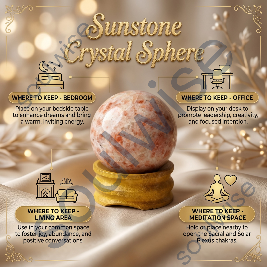Sunstone Crystal Sphere (50–55mm) with Wooden Stand – Natural Healing Crystal Ball for Meditation, Reiki, Chakra Balancing & Home Décor