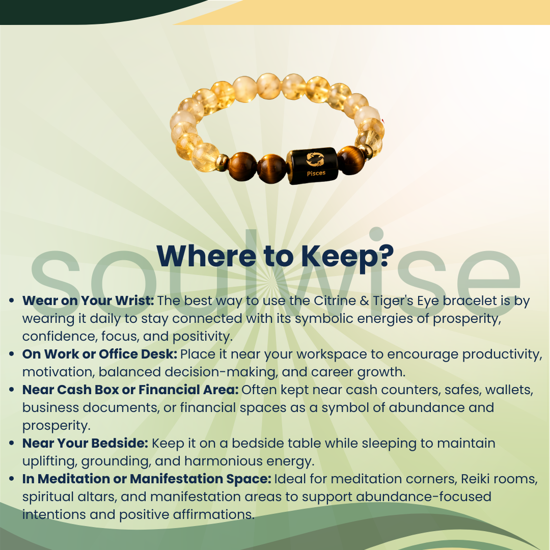Pisces (Meen Rashi) Zodiac Bracelet – Citrine & Tiger Eye Crystal Bracelet for Confidence, Prosperity & Positive Energy