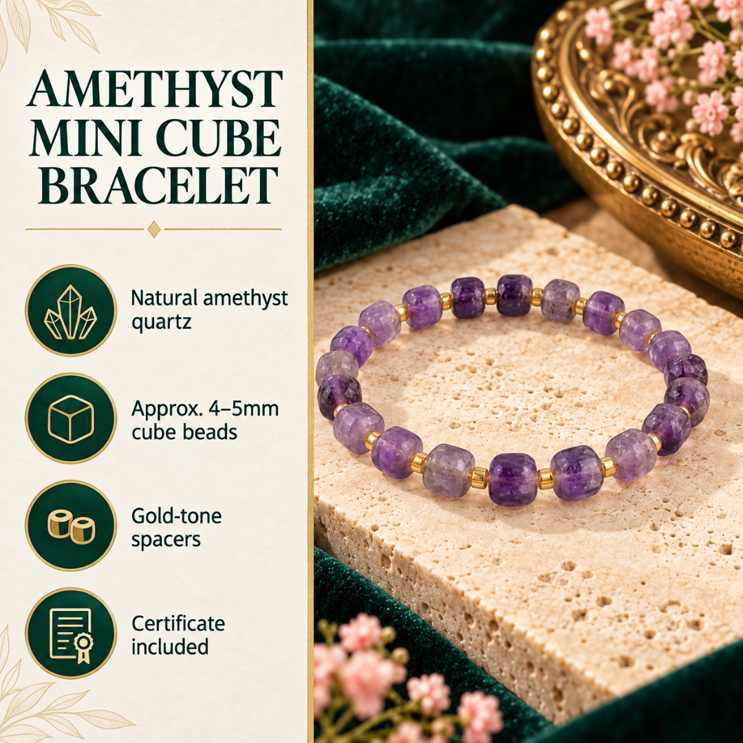 Natural Amethyst Mini Cube Healing Crystal Bracelet – Purple Gemstone Beaded Bracelet for Peace, Protection, Emotional Balance, Positive Energy, Reiki, Meditation & Spiritual Wellness | Unisex Crystal Jewelry