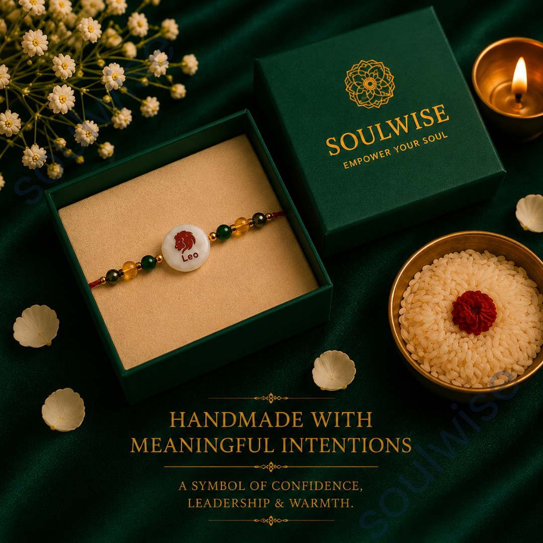 Money Magnet Leo Rakhi – Green Jade, Citrine, Pyrite & Mother of Pearl Zodiac Rakhi for Prosperity, Confidence & Positive Energy