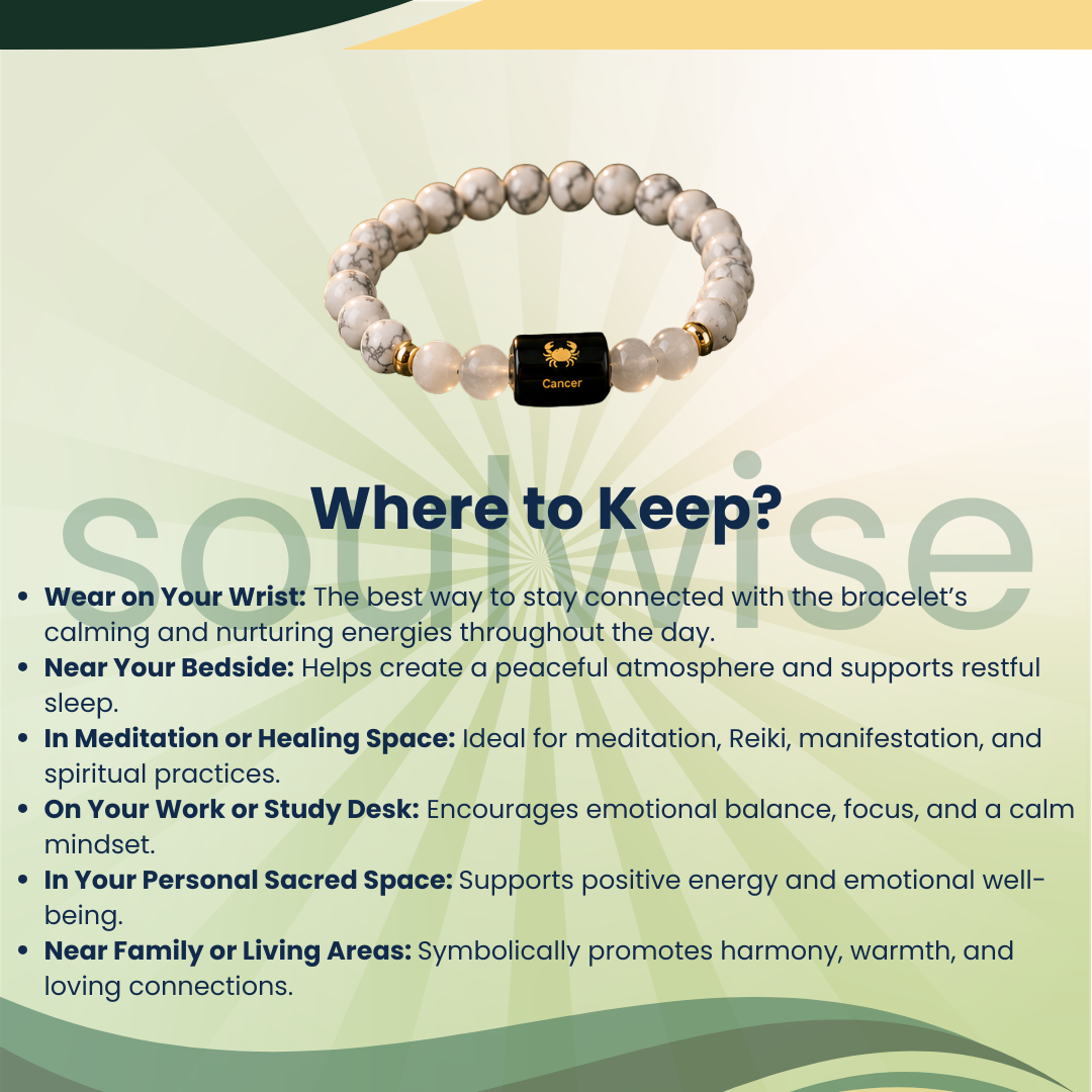 Cancer (Karka Rashi) Zodiac Bracelet – Natural Howlite & Clear Quartz Crystal Bracelet for Calmness, Clarity & Emotional Balance
