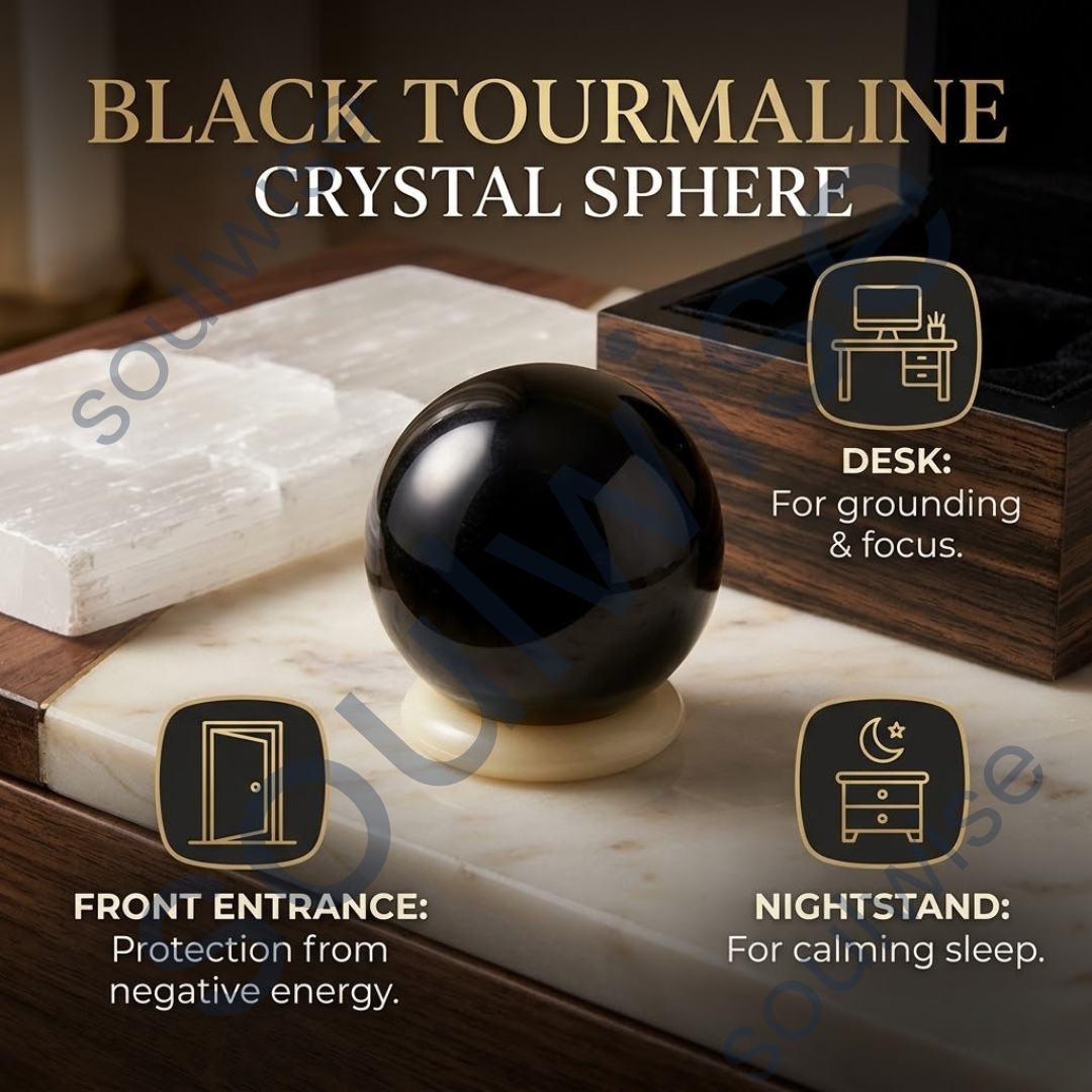 Black Tourmaline Healing Crystal Sphere – Natural Protection Crystal Ball for Energy Cleansing, Grounding & Chakra Balancing | Polished Gemstone Sphere for Meditation, Reiki & Home Décor