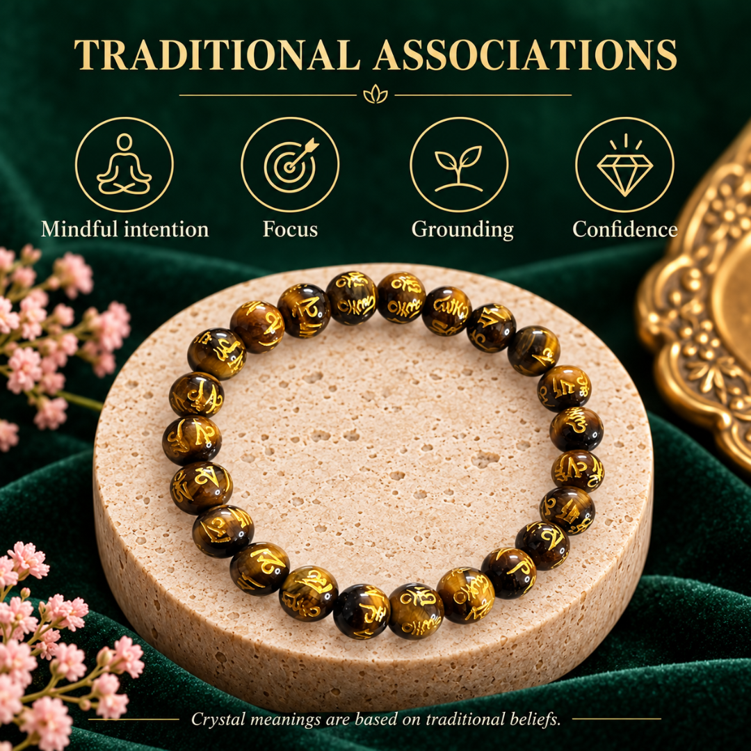 Tiger Eye Om Mani Bracelet 8mm – Natural Tiger's Eye Crystal Beaded Bracelet with Om Mani Padme Hum Mantra for Protection, Confidence, Courage, Prosperity, Meditation & Positive Energy | Unisex Spiritual Jewelry