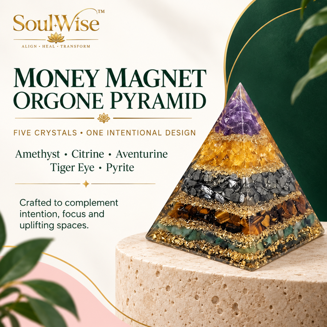Money Magnet Crystal Pyramid with Green Aventurine, Tiger Eye, Pyrite, Citrine & Amethyst