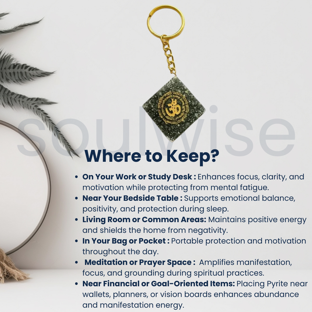 Natural Pyrite Om Keychain Certified Square Pyrite Crystal Key Ring