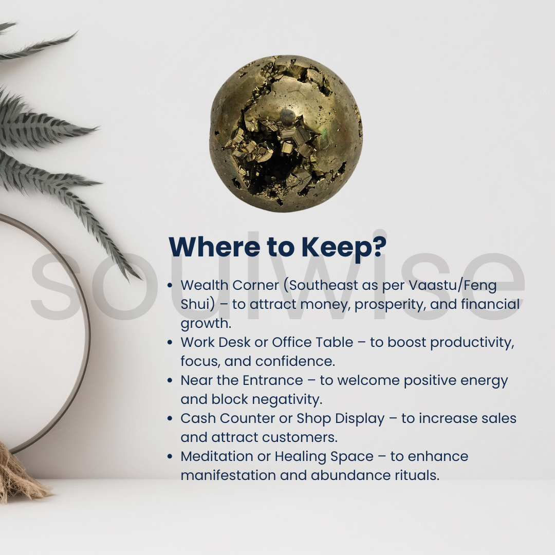 Soulwise Natural Peru Pyrite Crystal Sphere – Imported Golden Energy Stone for Motivation, Focus & Home Decor.