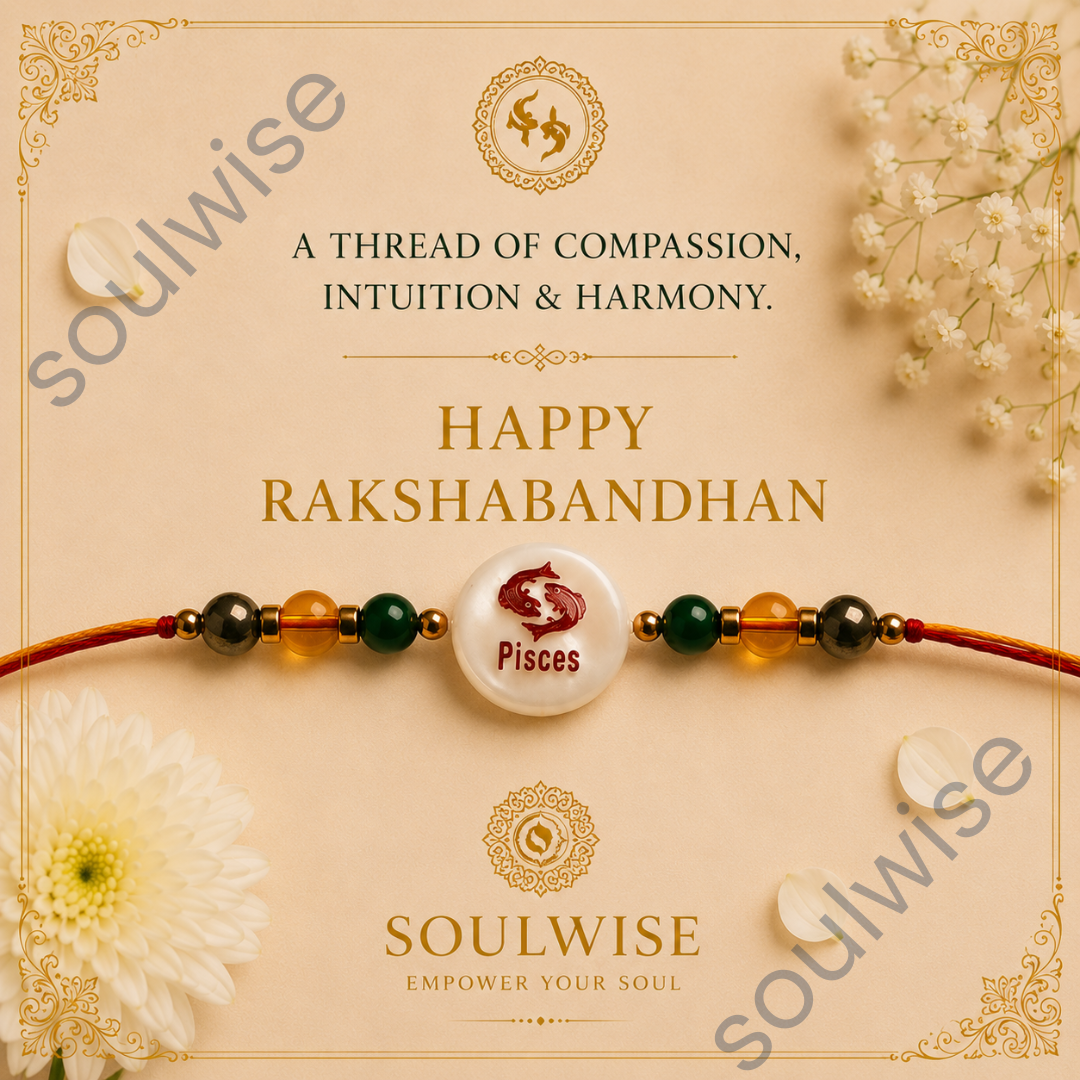 Money Magnet Pisces Rakhi – Green Jade, Citrine, Pyrite & Mother of Pearl Zodiac Rakhi for Prosperity, Intuition & Positive Energy