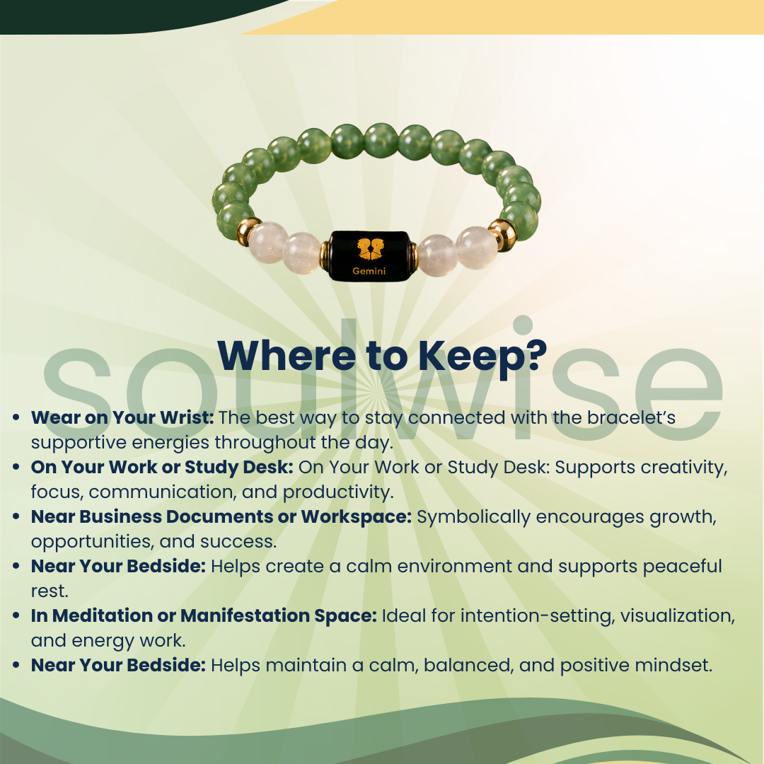 Gemini (Mithun Rashi) Zodiac Bracelet – Natural Green Aventurine & Clear Quartz Crystal Bracelet for Growth, Clarity & Positive Energy