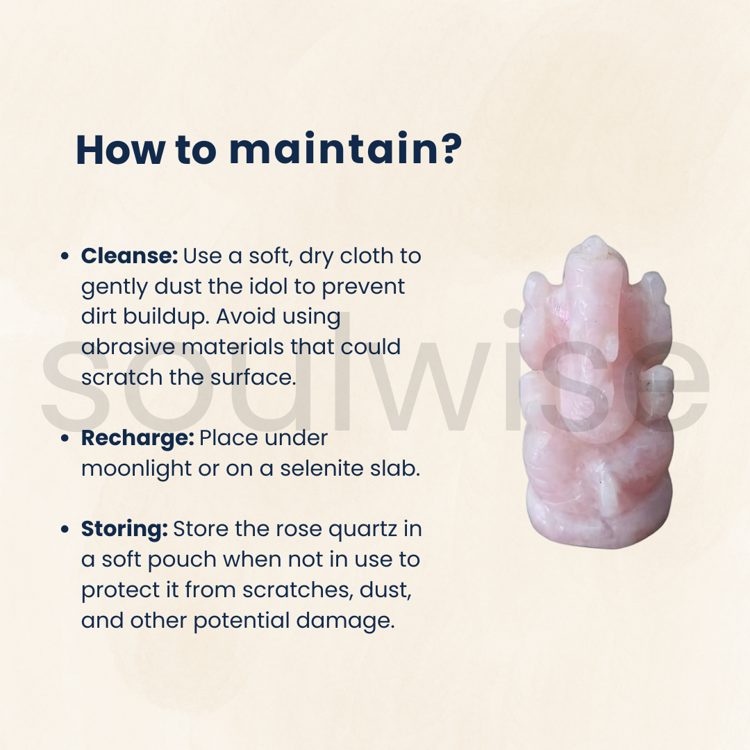 Soulwise Rose Quartz Ganesha Idol – 7 cm | Hand-Carved Ganesh in Natural Rose Quartz for Love, Healing & Peace