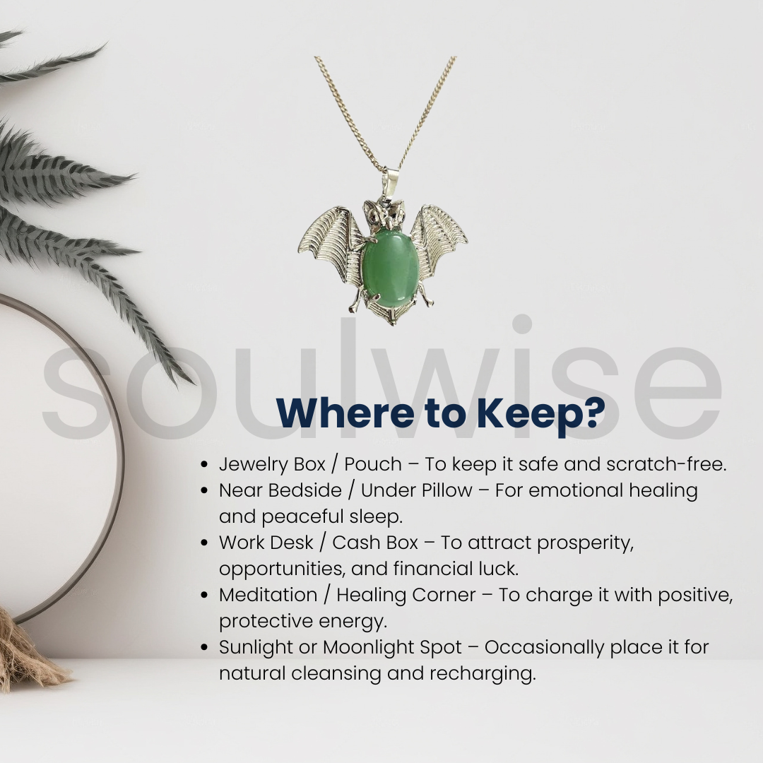 Green Aventurine Bat Symbol Pendant – Natural Crystal Necklace for Luck, Protection & Heart Chakra Energy – Unisex Spiritual Jewelry