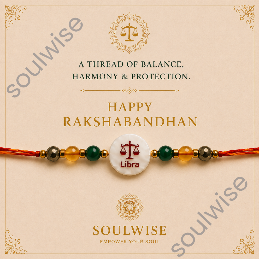Money Magnet Libra Rakhi – Green Jade, Citrine, Pyrite & Mother of Pearl Zodiac Rakhi for Prosperity, Balance & Positive Energy