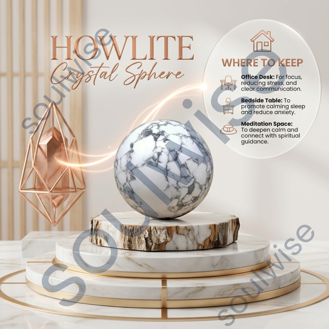 Howlite Healing Crystal Sphere – Natural Crystal Ball for Peace, Focus, Patience & Emotional Balance | Polished Gemstone Sphere for Meditation, Reiki & Home Décor