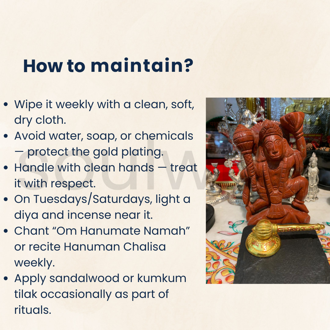 Hanuman Ji Gadda with Stand – 3 Inch Gold-Plated Metal Mace |  Spiritual Idol for Home Temple, Car Dashboard, Office | Symbol of Strength & Protection