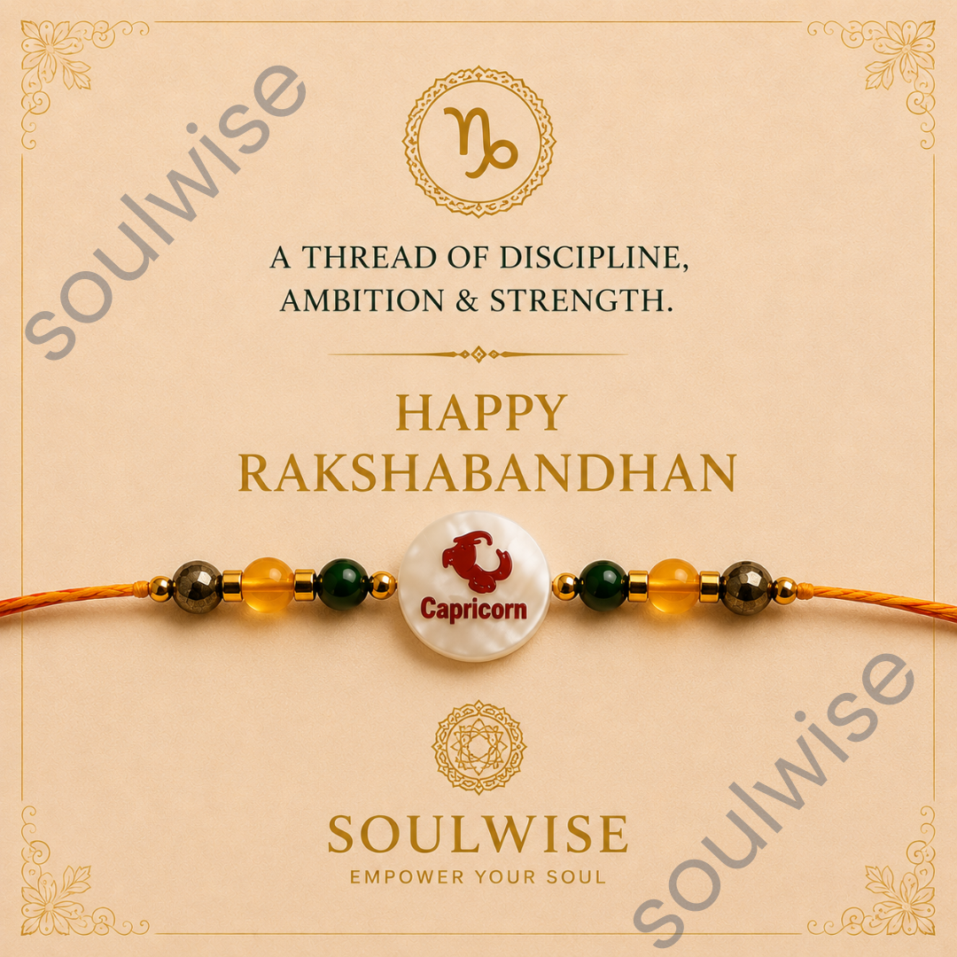Money Magnet Capricorn Rakhi – Green Jade, Citrine, Pyrite & Mother of Pearl Zodiac Rakhi for Prosperity, Success & Positive Energy