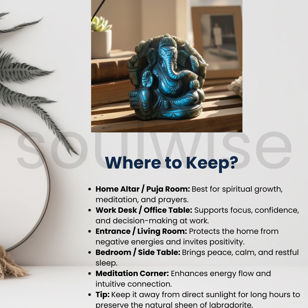 Labradorite Ganesha, Hand-Carved Crystal Idol, 1.640g, Spiritual Decor, Meditation.