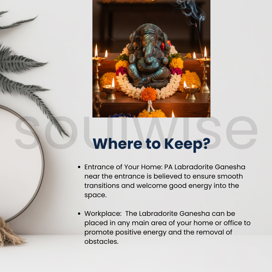 Labradorite Ganesha, Hand-Carved Crystal Idol, 818g, Spiritual Decor, Protection, Home Altar, Office Desk, Gift for Crystal Lovers