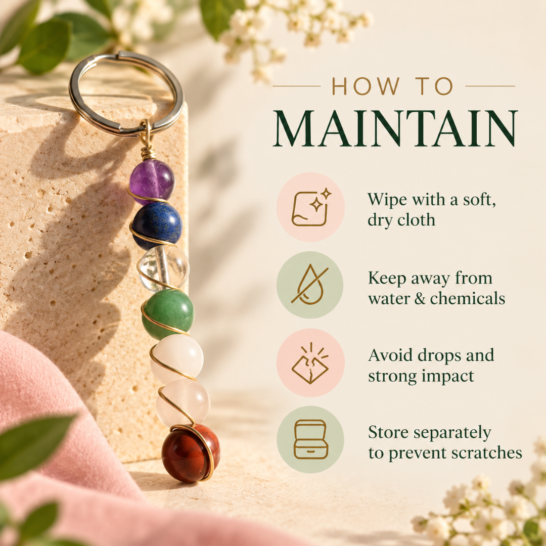 Seven Chakra Bead Keychain, with Random Golden or Silver Colour, Natural Gemstone Healing Keyring, for Positivity, Protection, and Good Energy