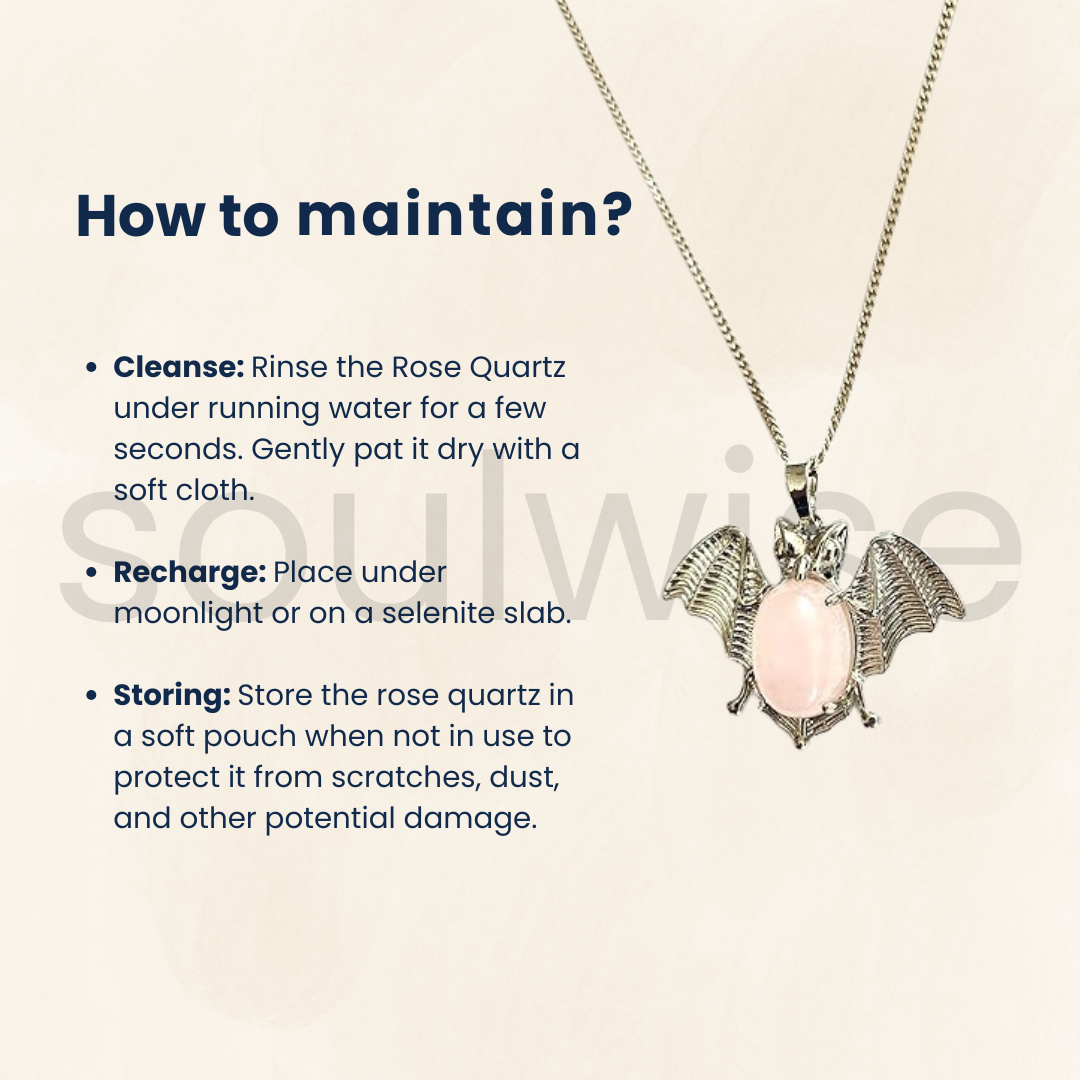 Soulwise Rose Quartz Crystal Bat symbol Pendant Necklace for Protection, Good Luck, healthy relationships and family growth, Unisex Gift